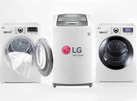 Due lavatrici LG e un'asciugatrice LG bianche su sfondo chiaro, con oblò e pannelli di controllo visibili.